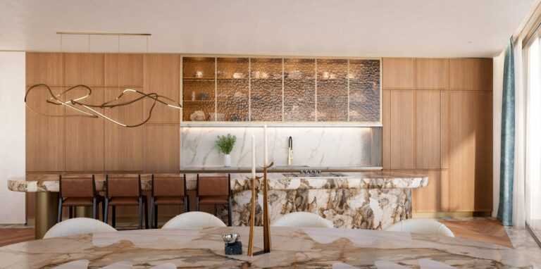Interior render - Peninsula Dubai Residences - 4BED_Great Room_View Kitchen